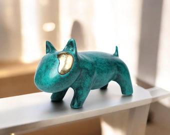 Handmade Bronze Dog Sculpture with Golden Accent | Unique Thai Decor Art | Modern Minimalist Design | Collectible Animal Figurine