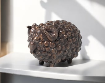 Handmade Bronze Sheep Figurine, Thai Animal Art Sculpture