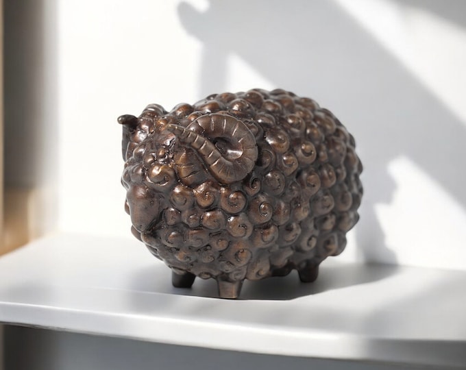 Handmade Bronze Sheep Sculpture, Thai Animal Art, Curly Wool Ram Figurine, Small Metal Sheep Statue for Home or Office Display
