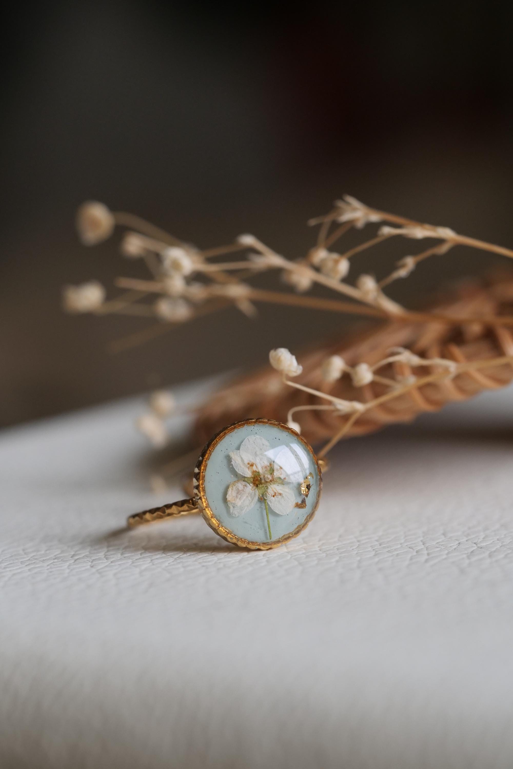 Bague Fleur Séchée Plaquée Or Pour Femmes - Cœur En Acier Inoxydable, Design Artisanal, Pour Quotidien Et Occasions