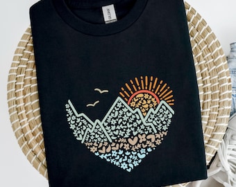 Mountain Heart Graphic T-Shirt: Nature Sunset Tee