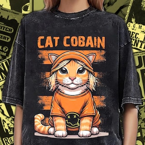 Vintage Washed Cat Cobain T-Shirt: Grunge Rock Tee for Cat Lovers