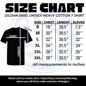 May include: Black t-shirt size chart with measurements in inches. The chart includes chest, length, and sleeve dimensions for sizes S to 3XL. The text "SIZE CHART" is at the top.