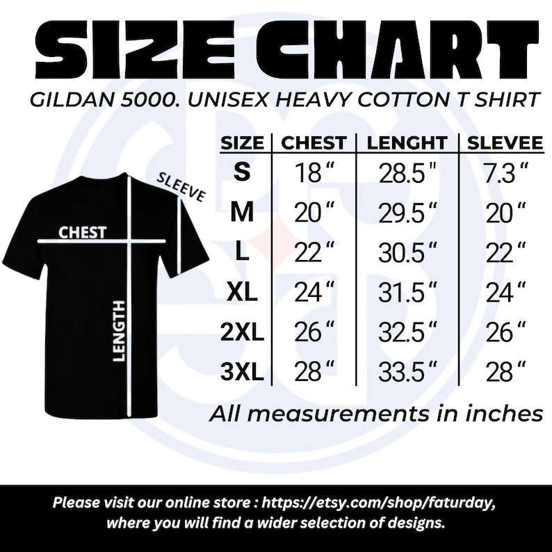 May include: Black t-shirt size chart with measurements in inches. The chart includes chest, length, and sleeve dimensions for sizes S to 3XL. The text "SIZE CHART" is at the top.