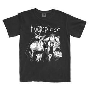 May include: A black short-sleeve t-shirt featuring a white line art graphic of a group of characters and the text "twopiece" with a skull and crossbones icon replacing the letter "o". The design is centered on the chest of the garment.