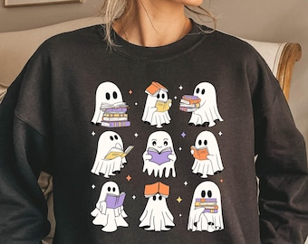 Retro Ghost Reading Books Sweatshirt, Librarian Ghost Halloween, Halloween Teacher Sweatshirt, Halloween Shirt, Teacher Gift, Boo School