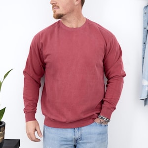 May include: A solid red-burgundy crew neck sweatshirt with long sleeves. The sweatshirt is worn with blue jeans. A plant in a black pot is on the left, and a denim jacket hangs on the right.