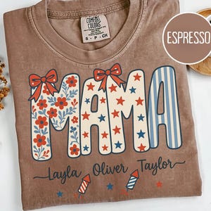 Personalized 4th of July Mama Shirt, Comfort Colors USA Custom Shirt, Womens Patriotic Tee, Coquette Stars Stripes Mama Shirt