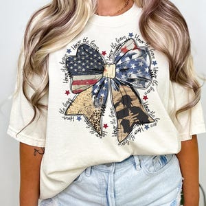 Coquette 4th of July Comfort Colors Shirt | Military USA Flag Shirt, Patriotic Coquette Bow Shirt, Red White and Blue, American Flag Tee