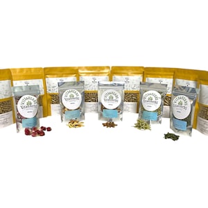 May include: An assortment of herbal products in gold and clear packaging. The products include capsules, dried herbs, and berries. Each package has a label with the text "Vita & Herbs".