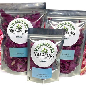 May include: Three resealable bags of dried peony petals, labeled "Vita & Herbs" with the words "Organic" and "Peony Petal".