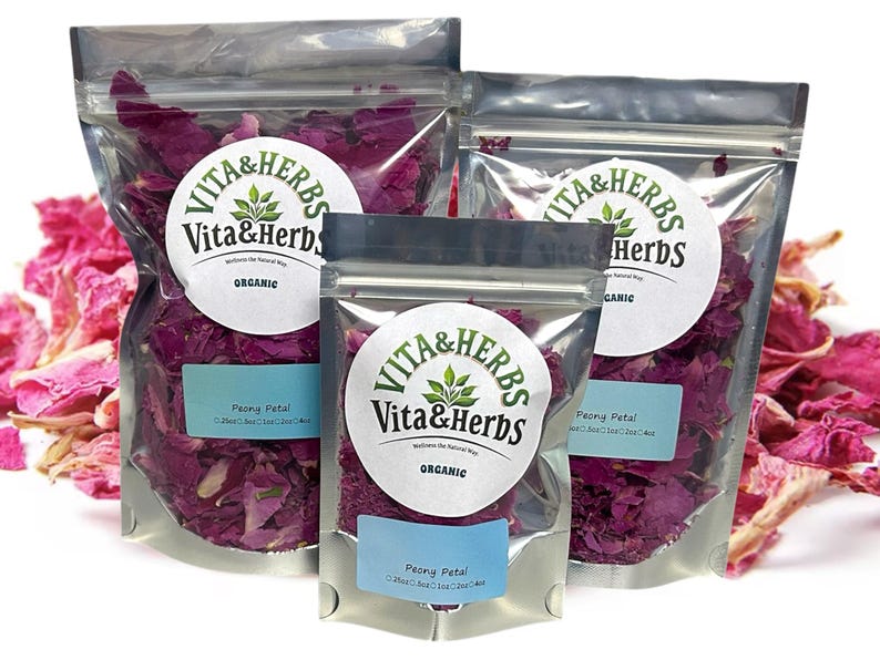 May include: Three resealable bags of dried peony petals, labeled "Vita & Herbs" with the words "Organic" and "Peony Petal".