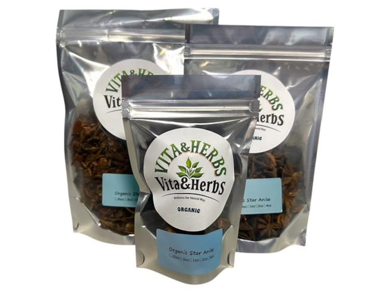 May include: Three clear, resealable bags of organic star anise. Each bag features a white label with the text "Vita & Herbs" and a green leaf design. The bags are filled with star-shaped, brown spices.