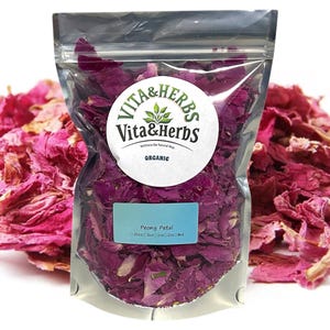 May include: A resealable bag of dried peony petals, labeled "Vita & Herbs Organic Peony Petal". The petals are a deep purple color and are loose in the bag.
