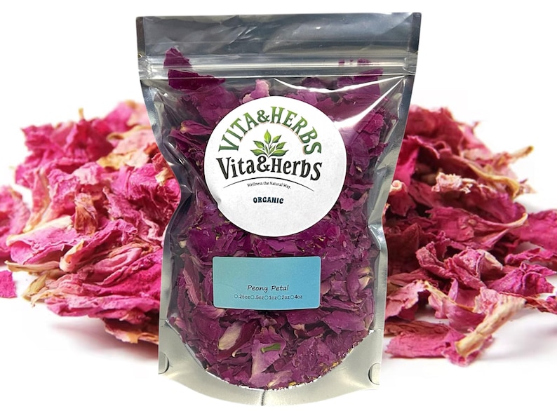 May include: A resealable bag of dried peony petals, labeled "Vita & Herbs Organic Peony Petal". The petals are a deep purple color and are loose in the bag.