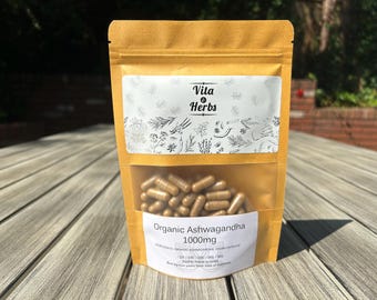 Organic Ashwagandha 1000mg | Organic, Non-GMO, No Dyes or Fillers | Vegan Supplement Capsules