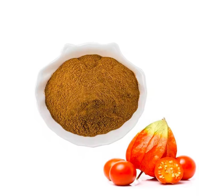 Pu&ograve; includere: Una ciotola bianca piena di polvere marrone, accanto a un gruppo di frutti di physalis rossi e arancioni.