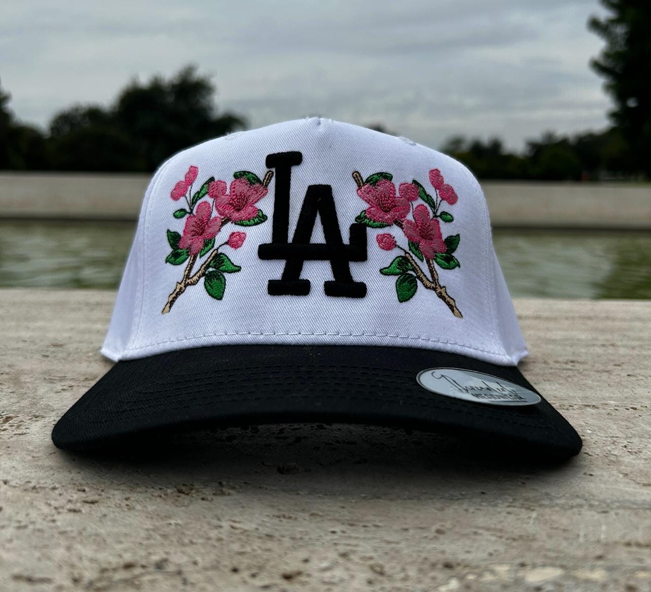 Floral Embroidered SnapBack Hat with LA Logo Handmade LA Cherry Blossom Hat: Embroidered Baseball Hats  main image 4