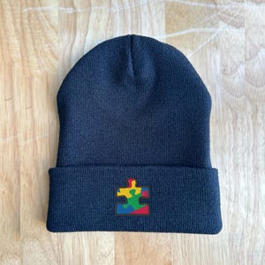 Autism Awareness Knit Beanie: Embroidered Puzzle Piece