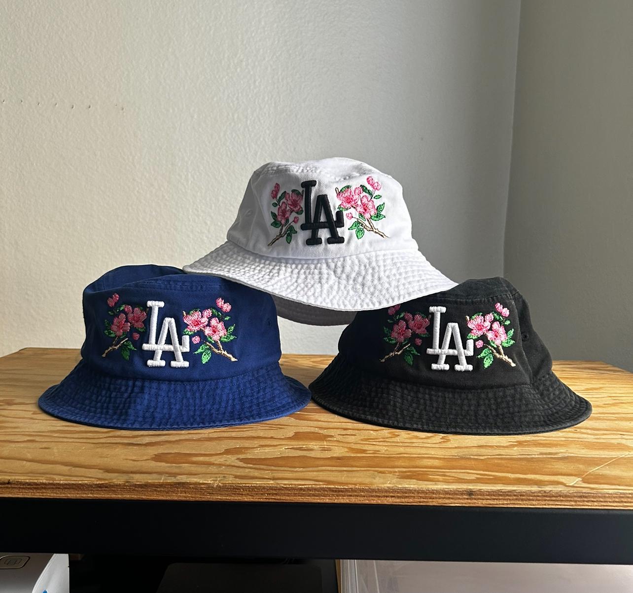 LA Cherry Blossom LA Dodgers Bucket Hat: Embroidered Flower Design LA Cherry Blossom LA Dodgers Bucket Hat: Embroidered Flower Design