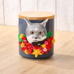 Urna de gato personalizada: recuerdo conmemorativo esculpido a mano con retrato de arcilla personalizado y grabado de nombre, contenedor de cenizas de cerámica para sus queridos felinos.