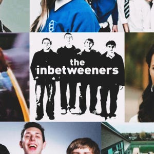 May include: A black and white image of a band called "the inbetweeners". The band members are wearing black shirts and jeans. The band's name is written in white letters on a black background.