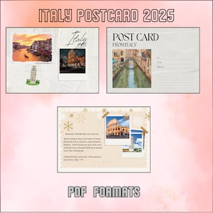 Carte postale Italie 2025 | PDF imprimable Cartes de Nouvel An | Art emblématique de Venise, du Colisée et de Pise | Jeu de cartes postales de voyage