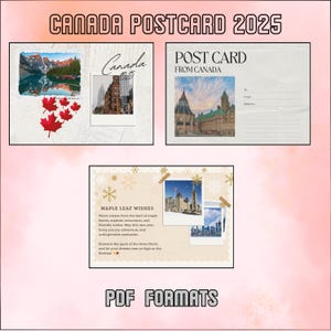 Carte postale Canada 2025 | PDF imprimable Cartes de Nouvel An | Feuilles d'érable et motifs emblématiques | Cartes postales sur le thème du voyage