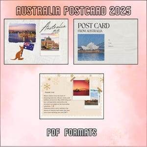 Carte postale Australie 2025 | PDF imprimable Cartes de Nouvel An | Opéra de Sydney et art kangourou | Jeu de cartes postales de voyage