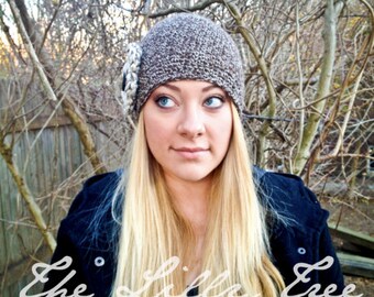 Women's Hat Beanie Giant Crochet Flower with Button Handmade