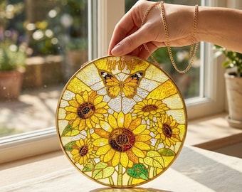 Birth Flower Stained Glass Sun Catcher, Sunflower Mom Garden Window Hanging Decor, Mother’s Day Gifts Idea, BestFriend Birthday Gift for Mom