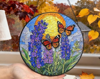Stained Glass Suncatcher, Lavender Butterfly Botanical Art Window Hanging, Modern Home Decor Art Gift for Butterfly Lovers, Flower Ornament