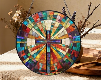 Personalized Cross Stained Glass Christmas Ornament 2025, Custom Holiday Window Hanging Decoration Gifts for Her Mom Grandma, Baptism Gifts