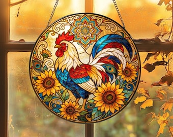 Rooster Sunflower Stained Glass Suncatcher, Chicken Floral Window Hanging Decor, Chicken Bird Garden Kitchen Decor,Chick Sun Catcher,Grandma