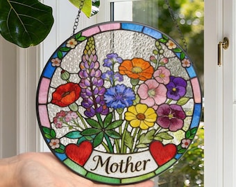 Custom Stained Glass Sun Catcher, Birth Flower Window Hangings, Mothers Day Gifts for Mom Her Grandma, Wildflower Colorful Floral Glass Art