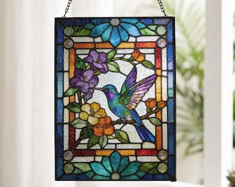 Hummingbird Flower Stained Glass Sun Catcher, Bird Flora Window Hanging, Garden Window Art,Mother's Day Gift for Mom Grandma,Sympathy Memory