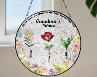Adornos de vidrieras con flores de nacimiento, Regalos personalizados para la abuela (para el jardín de la abuela), Atrapasol de vidrieras personalizado, Cumpleaños/Navidad