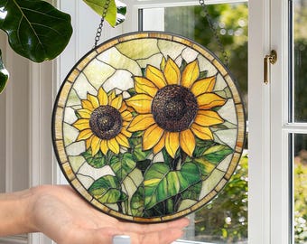 Sunflower Glass Suncatcher,Spring Botanical Art Window Hanging Decor,Floral Pendant Window Hanger,Plant Glass Wall Art,Gifts for Mom Grandma