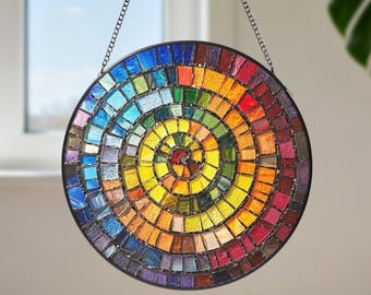 Stained Glass Sun Catcher Rainbow Spiral, Colorful Geometric Window Hanging, Mosaic Design Glass, Church Art Decor,Mothers Day Gifts for Her
