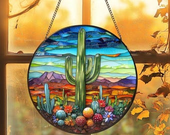 Stained Glass Sun Catcher Cactus, Desert Cactus Sunset Flora Window Hanging Hanging Mobile Art Decor,Ideal Nature Gifts,Weddings Anniversary
