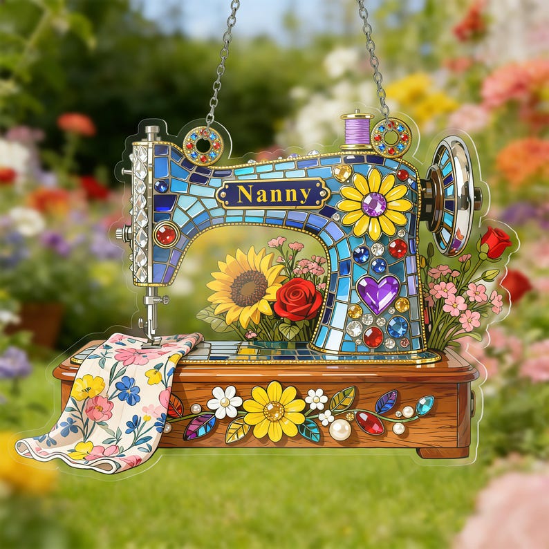 Custom Sewing Machine Suncatcher, Personalised Flower Sewing Machine ...