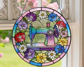 Stained Glass SunCatcher Flower Sewing Machine Ornament,Wild Flower Quilter Window Decor,Gift for Sewing Lover,Tailor Decor,Mothers Day Gift