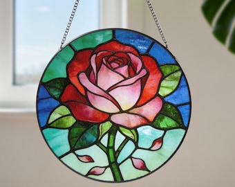 Rose Flower Stained Glass Suncatcher,Floral Window Hangings Decor,Flower Garden Decor,Birthday Gift For Besties Mom Grandma,Mothers Day Gift