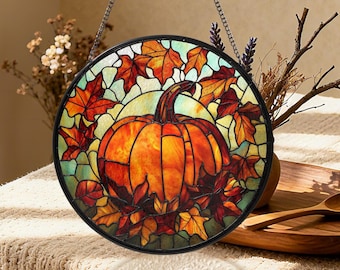 Pumpkin Stained Glass Suncatcher, Halloween Photo Suncatcher,Fall Window Hanging Decor,Autumn Leaves Sun Catcher,Rustic Harvest,Thanksgiving