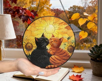 Black Orange Cat Stained Glass Suncatcher, Cat Window Hanging with Flowers, Pet Memorial Ornament, Gifts for Cat Mom Dad, Christmas Birthday