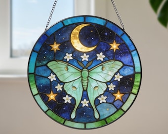 Stained Glass Suncatcher, Luna Moth Butterfly Moon Star Flower Window Hangings, Gifts for Grandma Mom, Modern Home Decor, Mother's Day Gifts