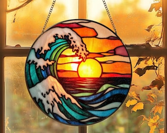 Stained Glass Suncatcher, Coastal Ocean Wave Window Hanging, Beach House Ocean Gift, Sunrise Sunset Lover Gift,Natural Gifts for Mom Grandma