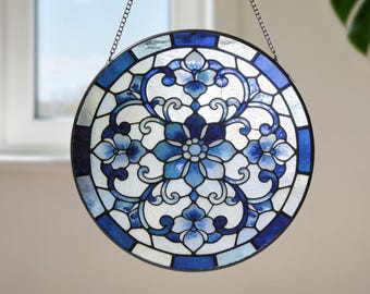 Stained Glass Suncatcher Window Hanging, Blue White Abstract Flowers Sun Catcher, Garden Decor, Christmas Birthday Gifts for Women Men Mom