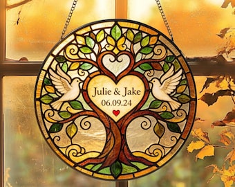 Vitral personalizado em formato de árvore de casamento, enfeite de janela personalizado com árvore genealógica da vida, presente de casamento com pássaros do amor para noivos, aniversário.