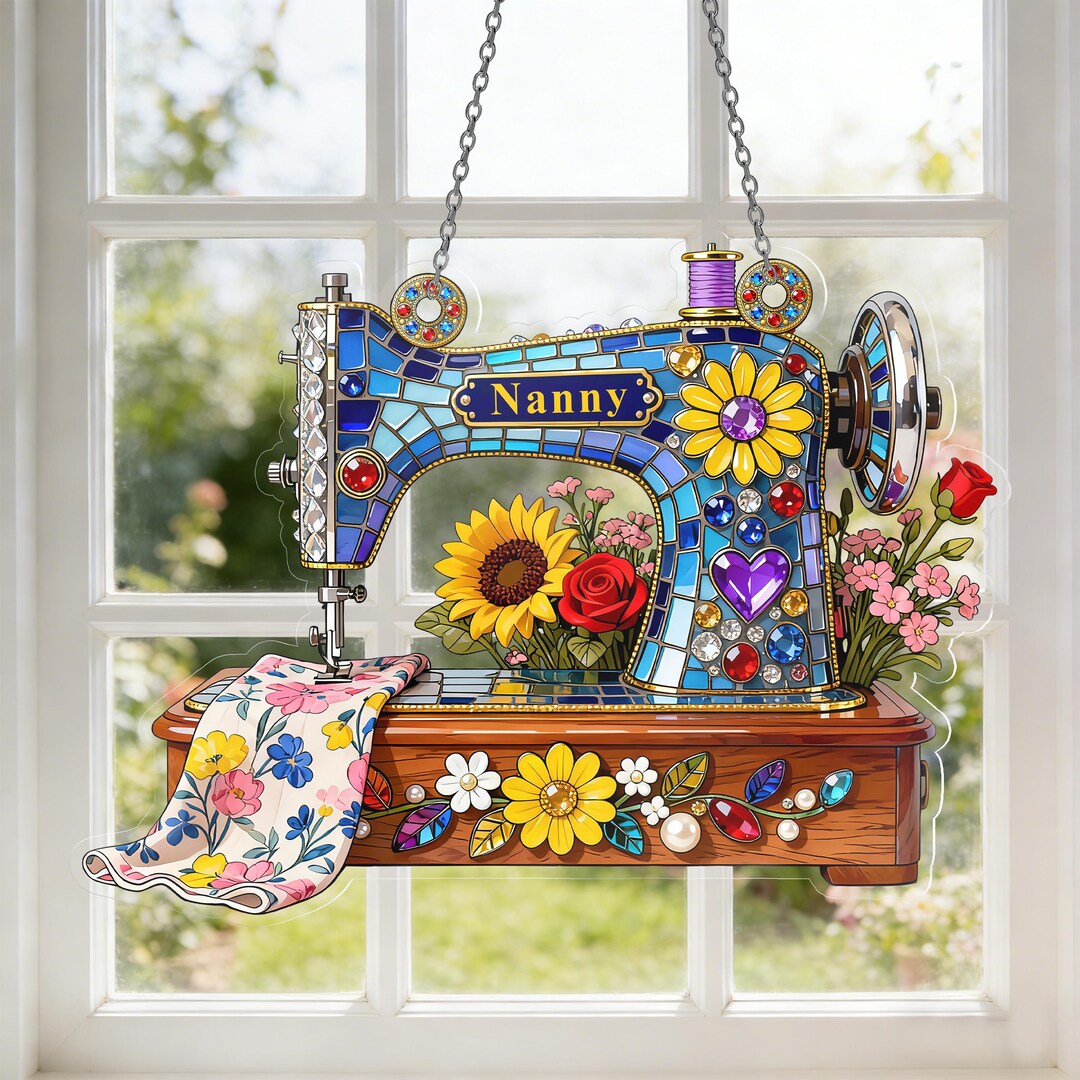 Custom Sewing Machine Suncatcher, Personalised Flower Sewing Machine ...
